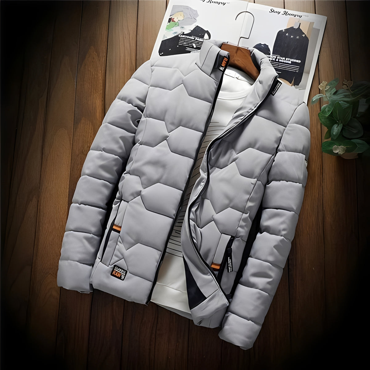 Men's Padded Jacket with Geometric Quilting and Zipper Pockets