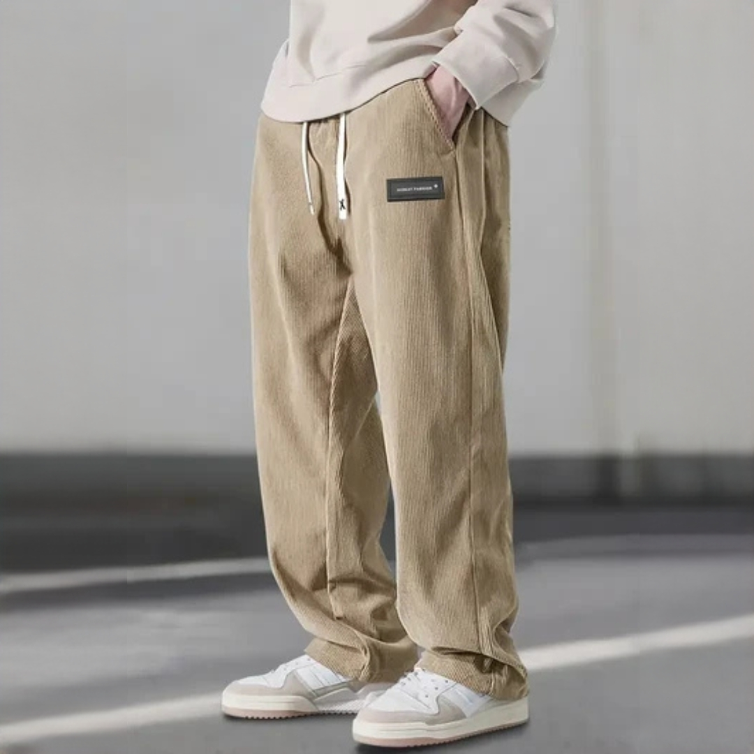 Men's Pants - Adjustable Drawstring Waist, Relaxed Straight‑Leg, Side Pockets, Logo Patch