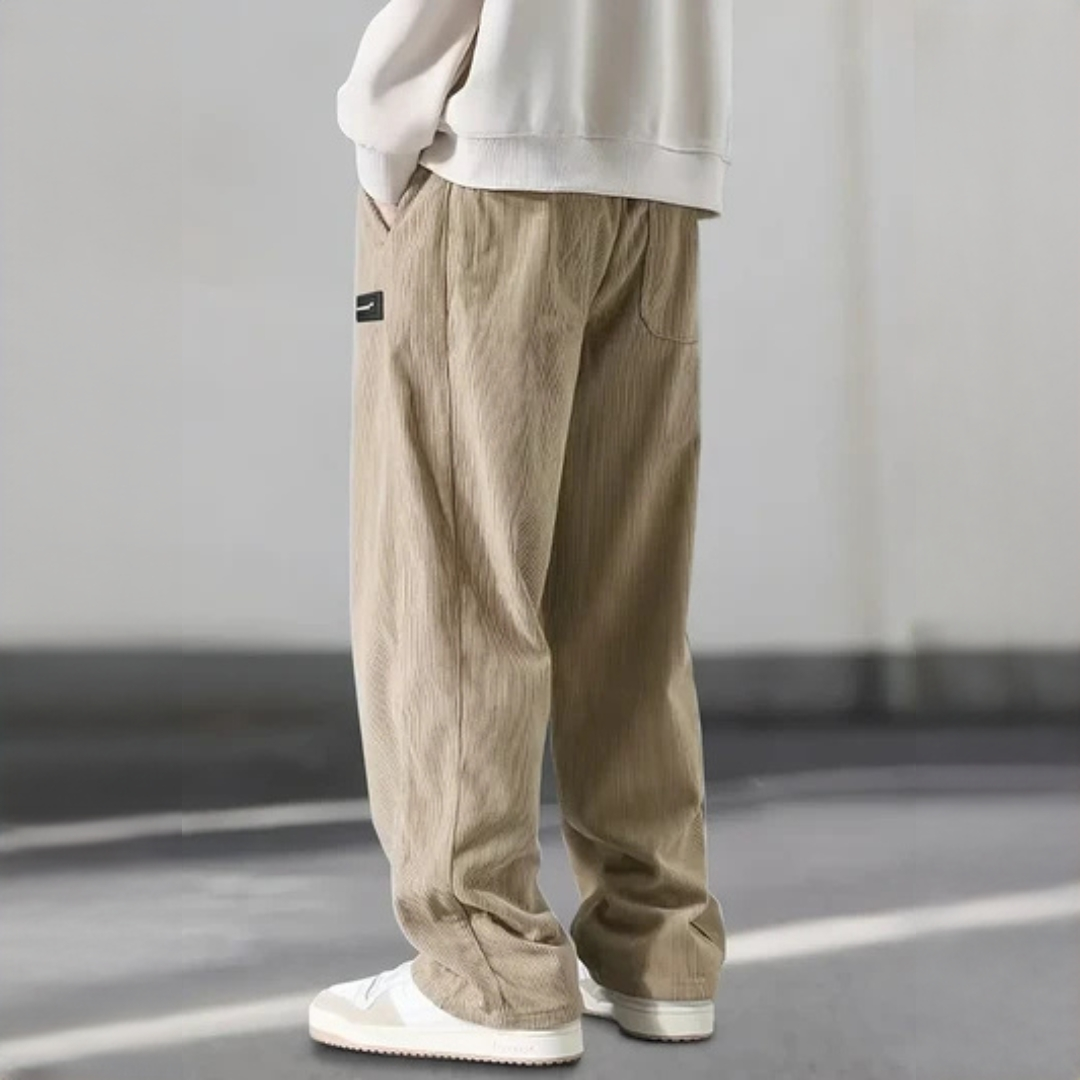 Men's Pants - Adjustable Drawstring Waist, Relaxed Straight‑Leg, Side Pockets, Logo Patch