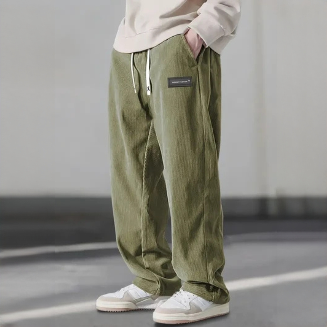 Men's Pants - Adjustable Drawstring Waist, Relaxed Straight‑Leg, Side Pockets, Logo Patch