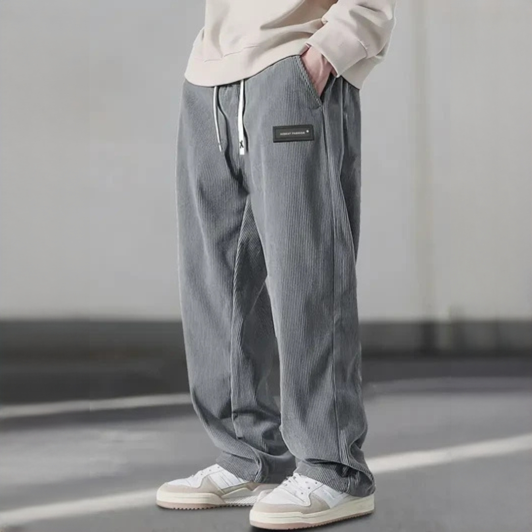 Men's Pants - Adjustable Drawstring Waist, Relaxed Straight‑Leg, Side Pockets, Logo Patch