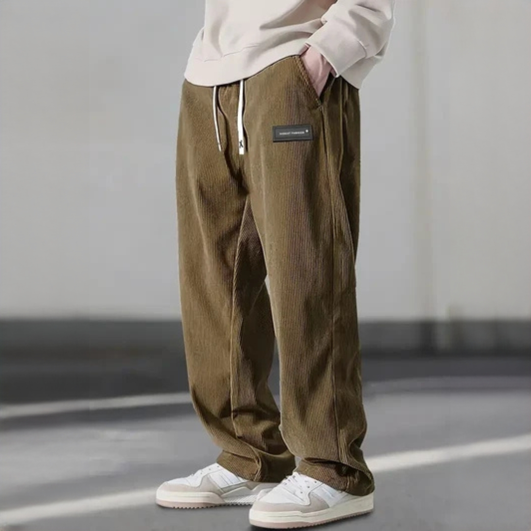 Men's Pants - Adjustable Drawstring Waist, Relaxed Straight‑Leg, Side Pockets, Logo Patch