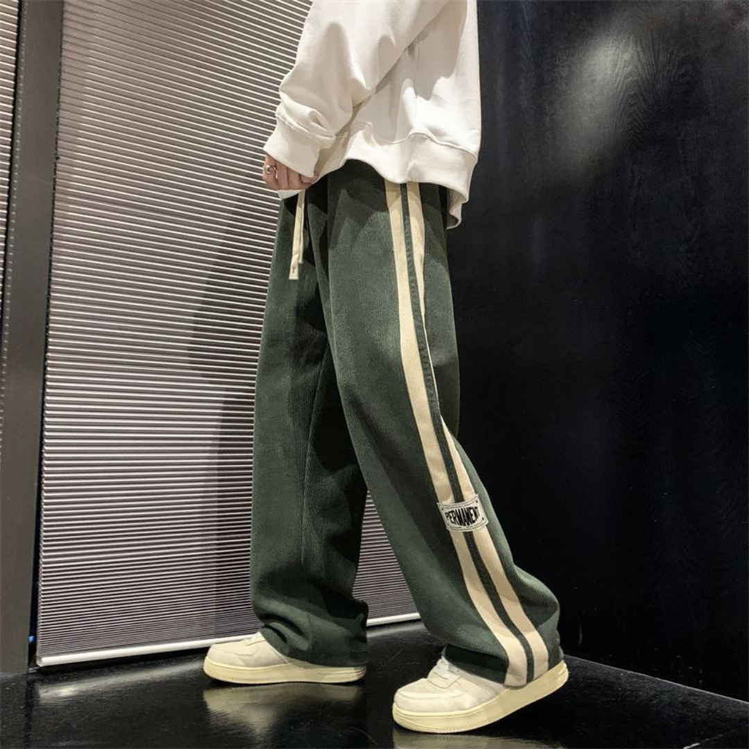 Men's Pants with Double Side Stripes and Patch Logo, Elastic Drawstring Waist - Wide Relaxed Fit