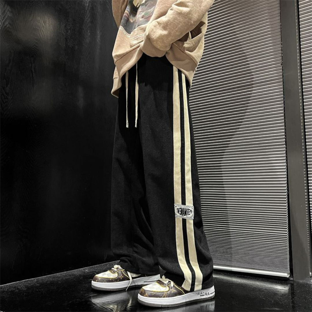 Men's Pants with Double Side Stripes and Patch Logo, Elastic Drawstring Waist - Wide Relaxed Fit