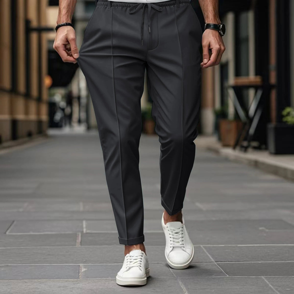 Men's Pants with Elastic Drawstring Waist, Crease Front, Tapered Leg, Relaxed Fit