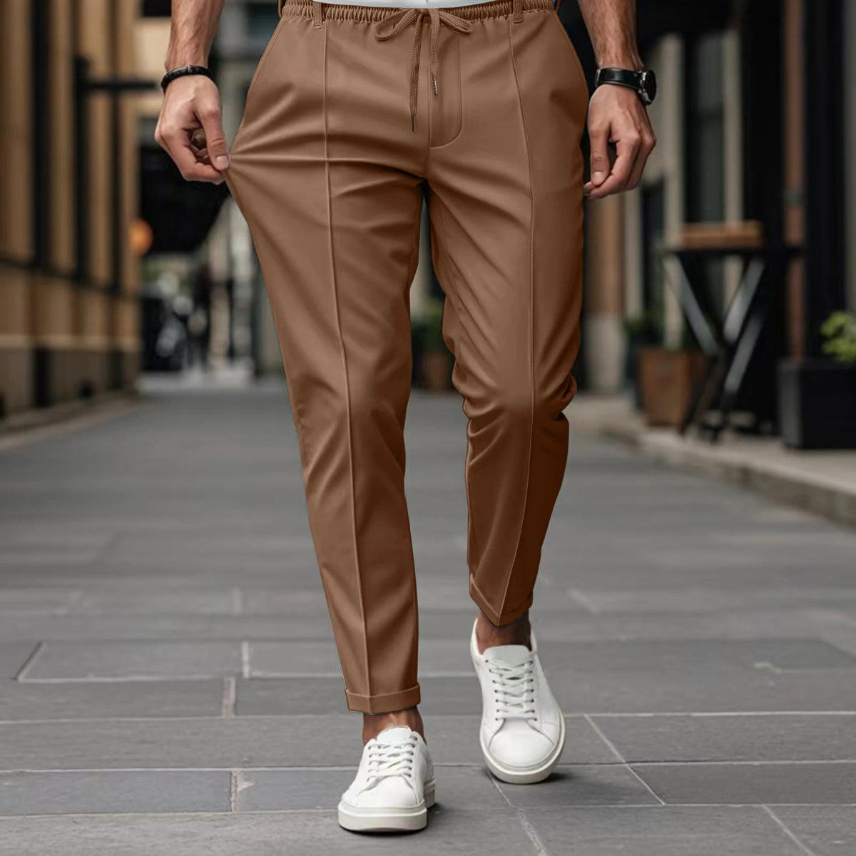 Men's Pants with Elastic Drawstring Waist, Crease Front, Tapered Leg, Relaxed Fit