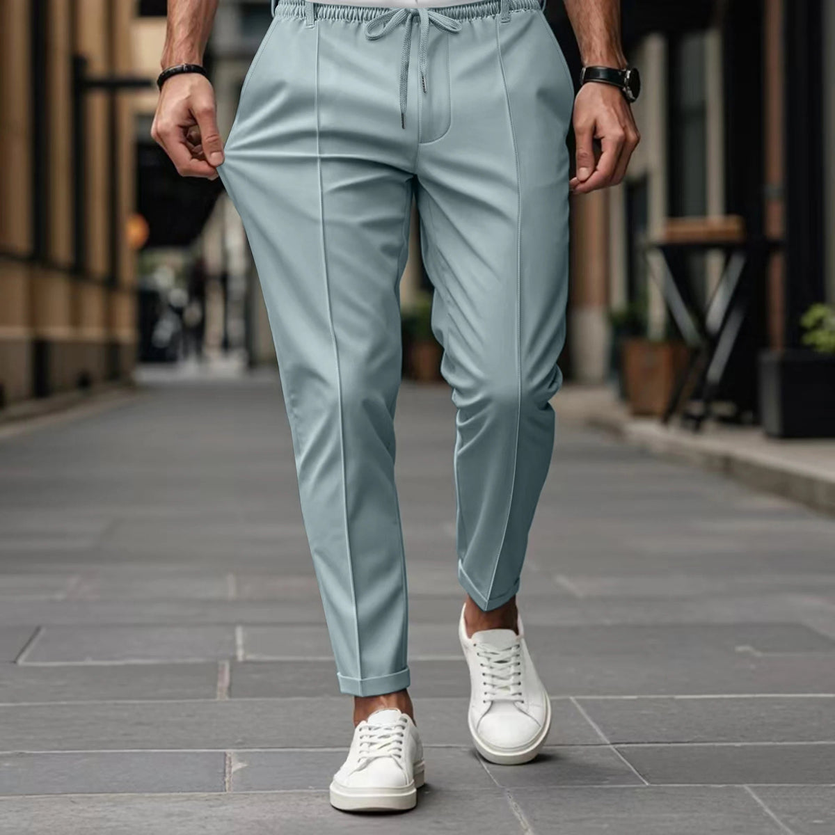 Men's Pants with Elastic Drawstring Waist, Crease Front, Tapered Leg, Relaxed Fit