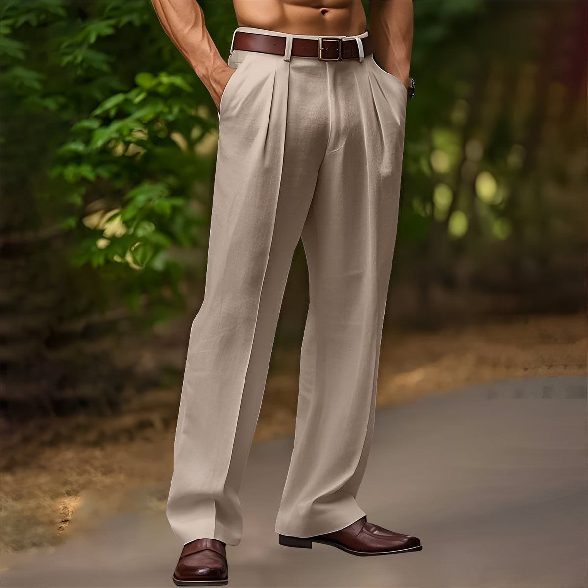 Men's Pleated Casual Pants - Relaxed Fit, Wide Leg, Versatile Style