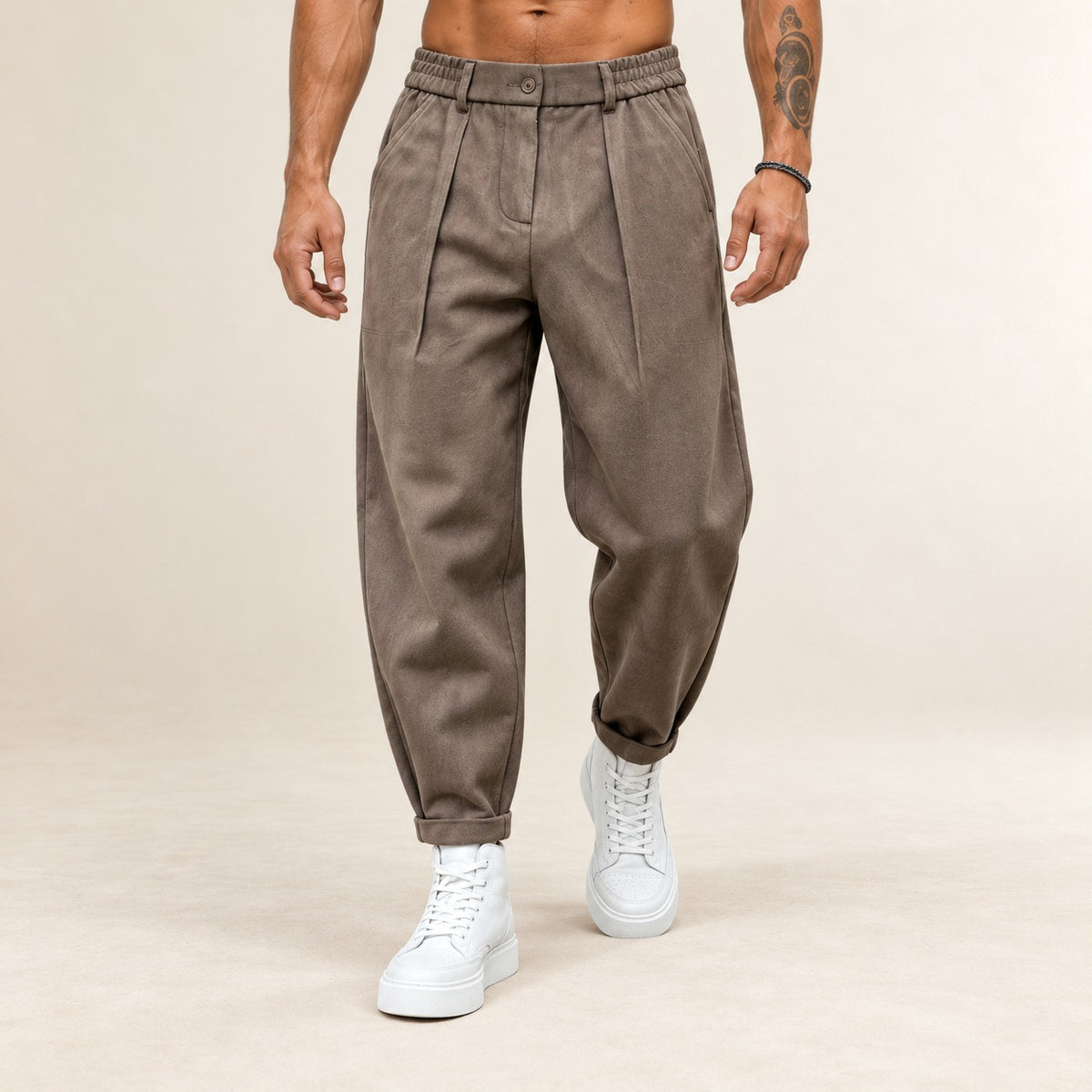 Men's Pleated Tapered Trousers with Elasticated Waist and Belt Loops