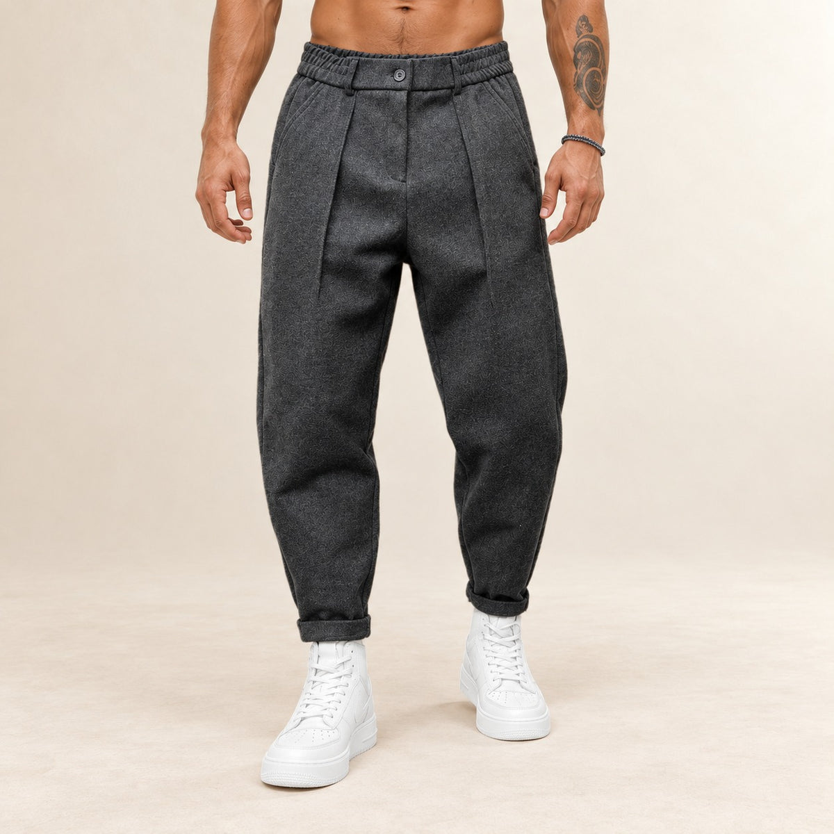 Men's Pleated Tapered Trousers with Elasticated Waist and Belt Loops
