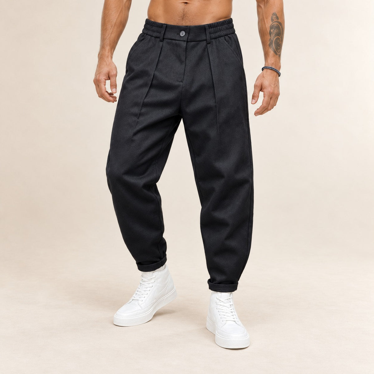 Men's Pleated Tapered Trousers with Elasticated Waist and Belt Loops