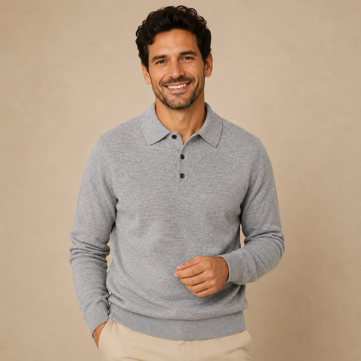 Men's Polo Jumper - Classic Collar, Long Sleeve, Tailored Fit