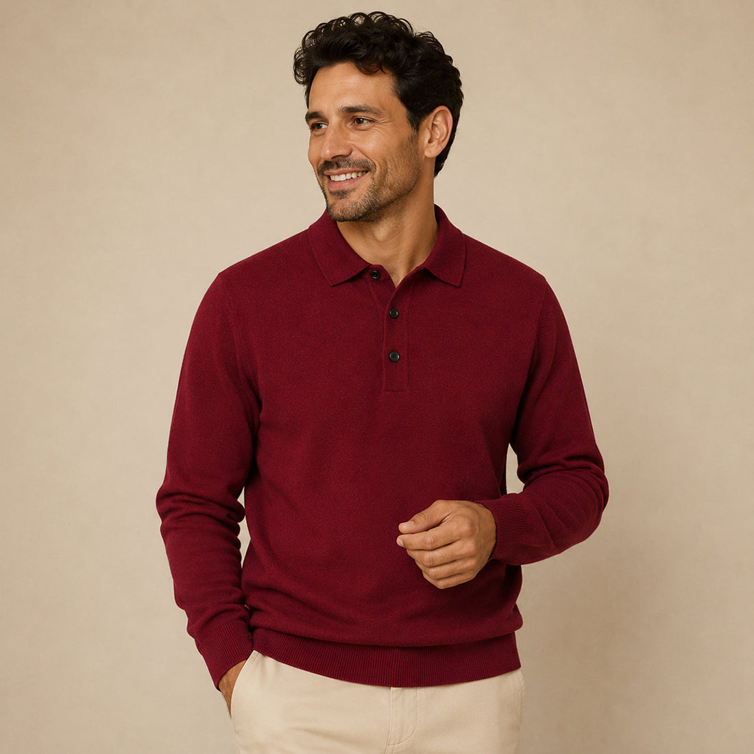 Men's Polo Jumper - Classic Collar, Long Sleeve, Tailored Fit