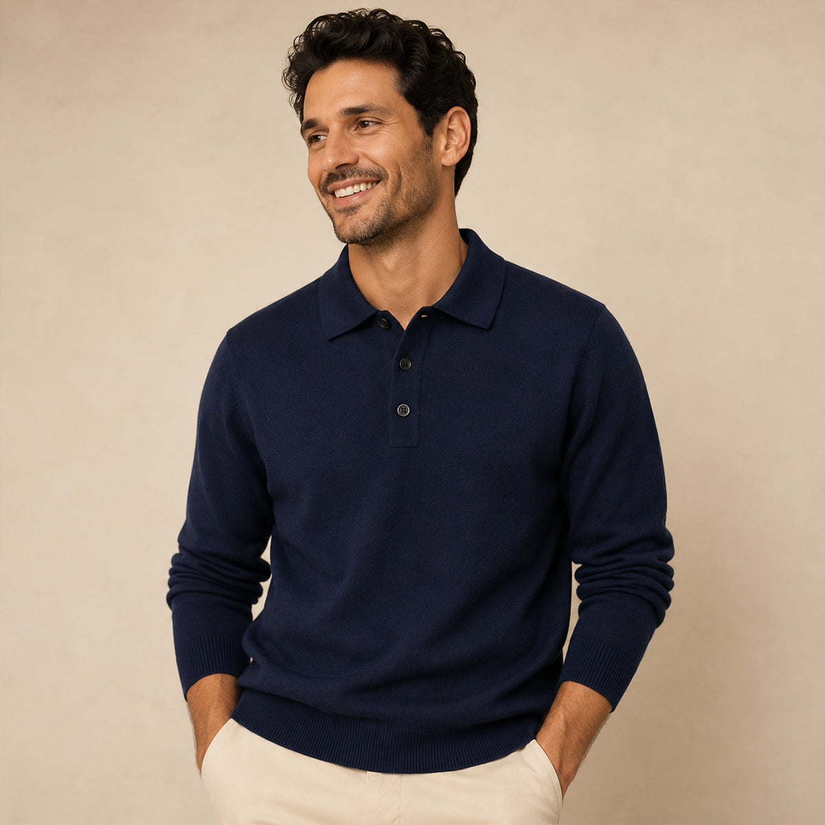Men's Polo Jumper - Classic Collar, Long Sleeve, Tailored Fit