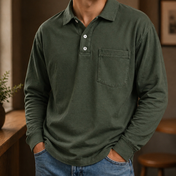 Men's Polo Shirt Long Sleeve - Button Closure, Chest Pocket, Regular Fit