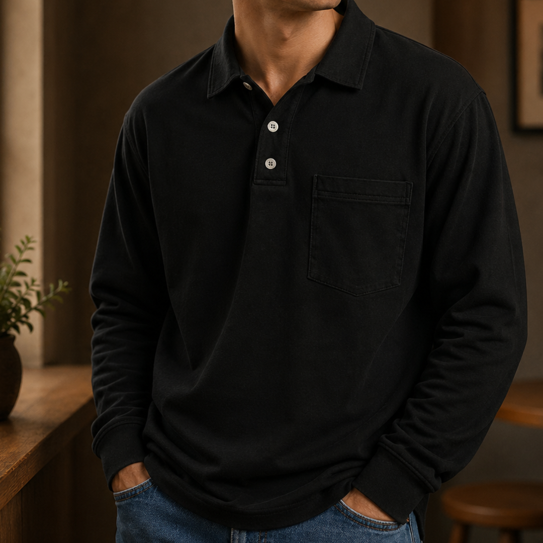 Men's Polo Shirt Long Sleeve - Button Closure, Chest Pocket, Regular Fit