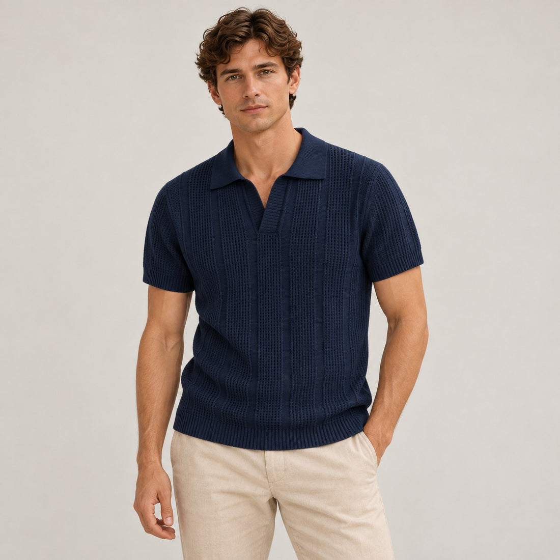 Men's Polo Shirt - Short Sleeve, Textured Design, Classic Collar