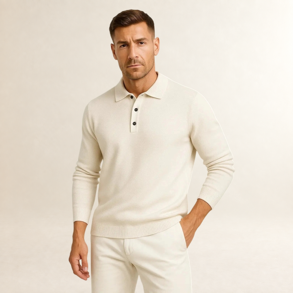 Men's Polo Sweater Long Sleeve - Classic Design with Button Closure, Regular Fit