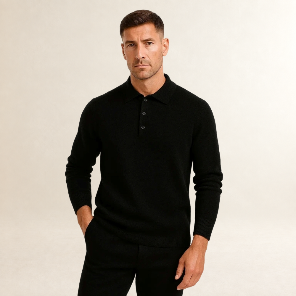 Men's Polo Sweater Long Sleeve - Classic Design with Button Closure, Regular Fit
