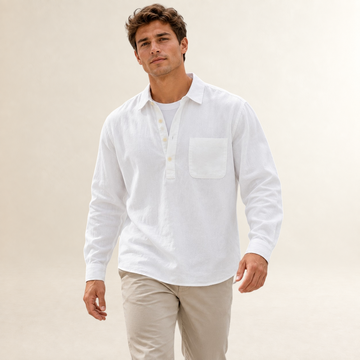 Men's Popover Shirt - Long Sleeve with Button Placket and Chest Pocket