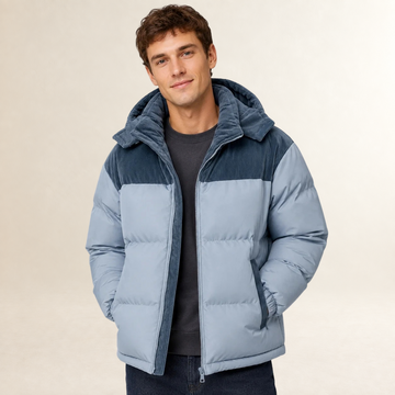 Men's Puffer Jacket with Hood and Color Block Design - Oversized Fit