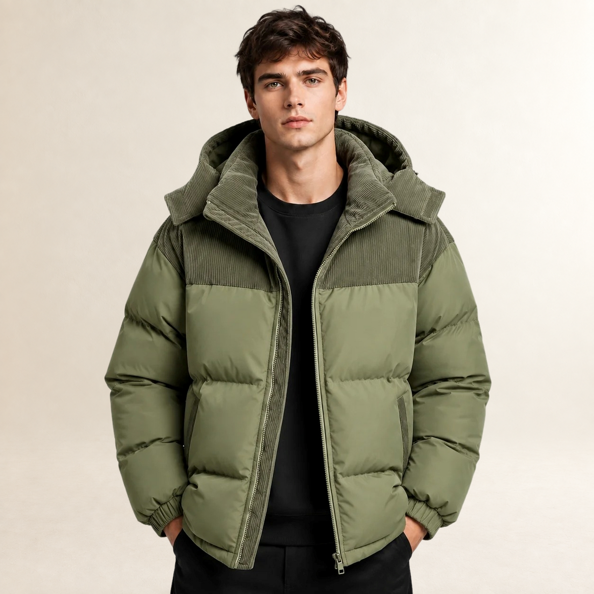 Men's Puffer Jacket with Hood and Color Block Design - Oversized Fit