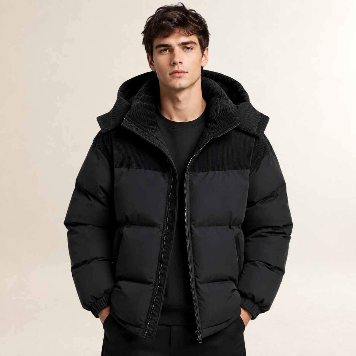Men's Puffer Jacket with Hood and Color Block Design - Oversized Fit