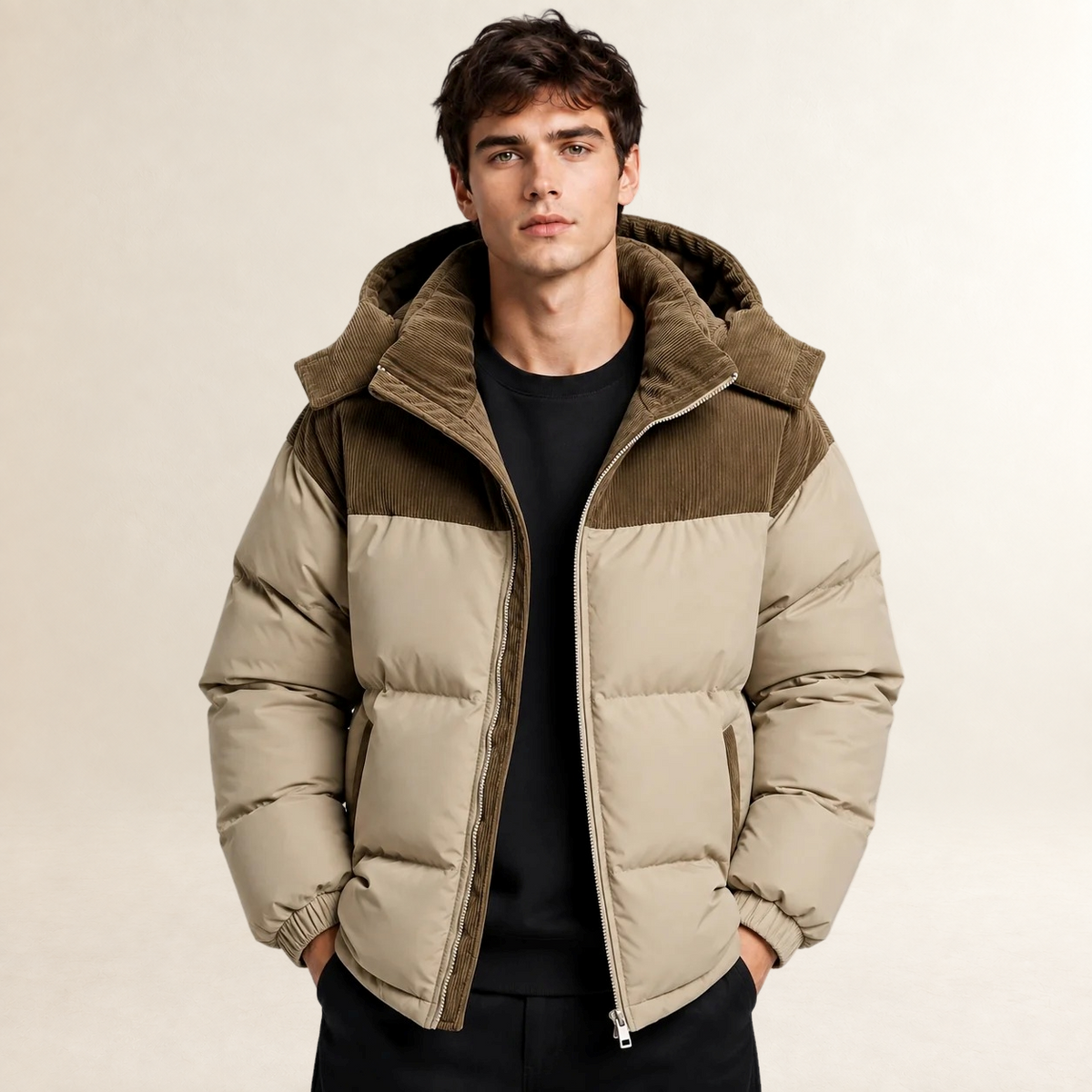 Men's Puffer Jacket with Hood and Color Block Design - Oversized Fit