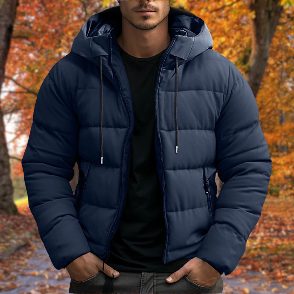 Men's Puffer Jacket with Hood - Zip Closure and Side Pockets