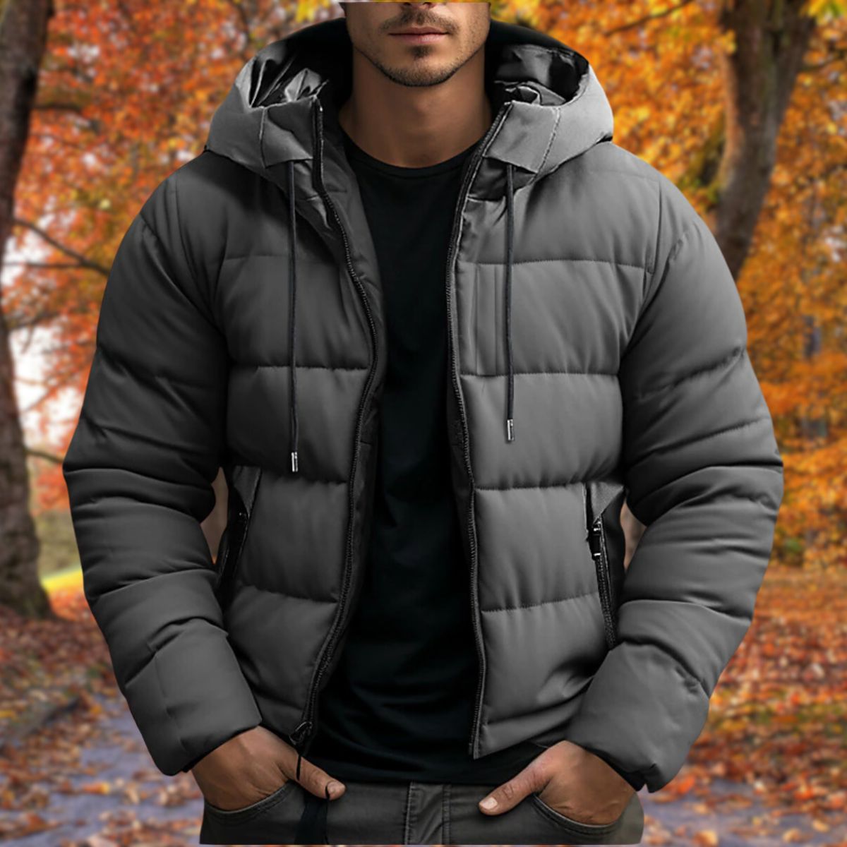 Men's Puffer Jacket with Hood - Zip Closure and Side Pockets