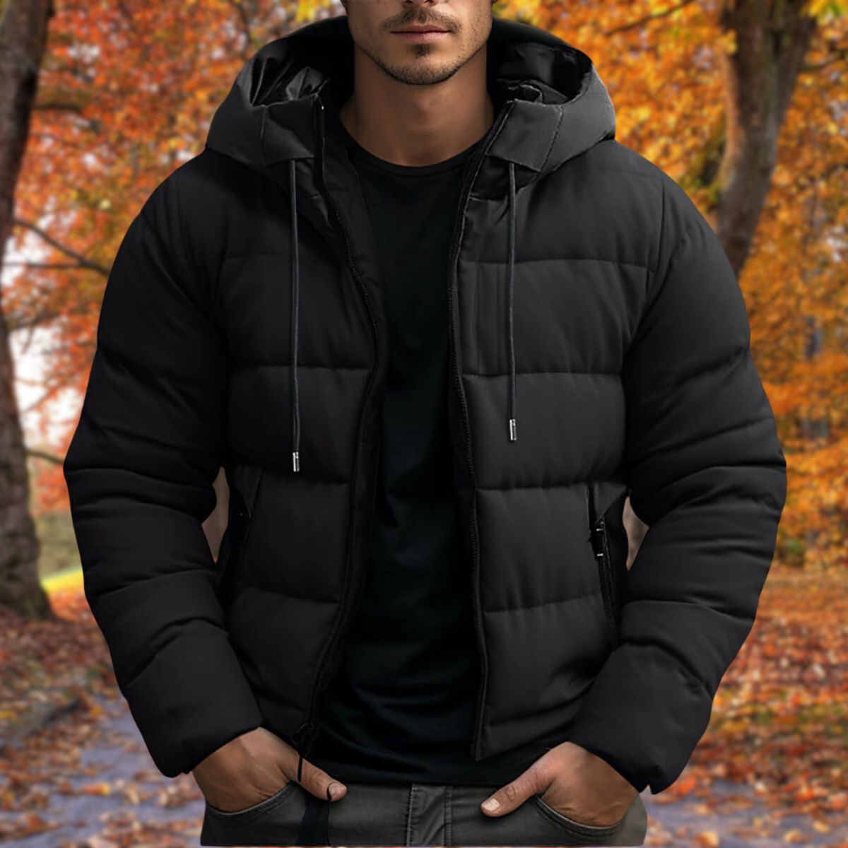 Men's Puffer Jacket with Hood - Zip Closure and Side Pockets