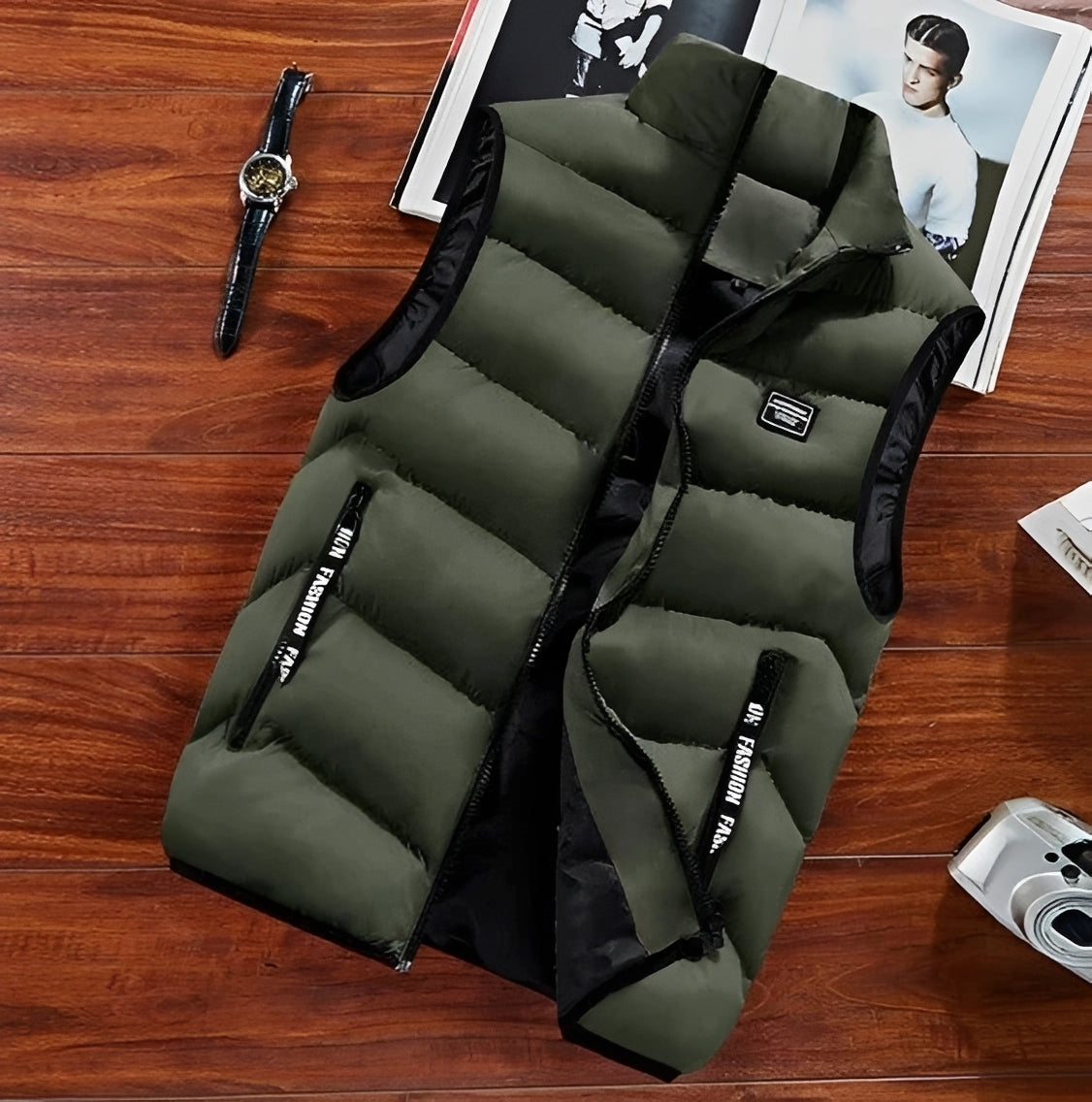 Men's Puffer Vest - Stand Collar, Zip Closure, Sleeveless, Multiple Pockets