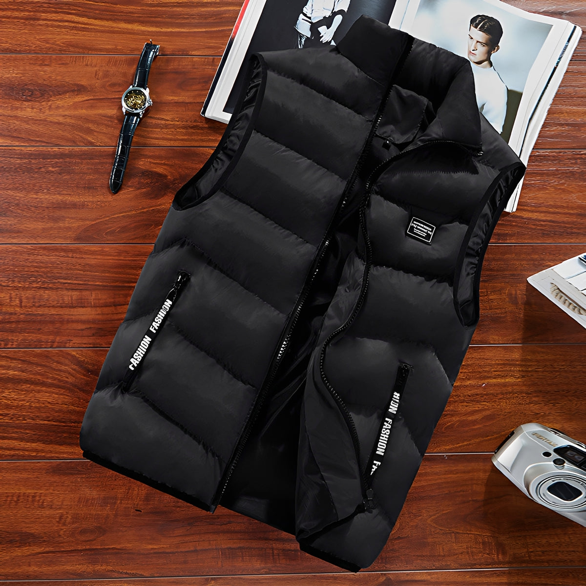 Men's Puffer Vest - Stand Collar, Zip Closure, Sleeveless, Multiple Pockets