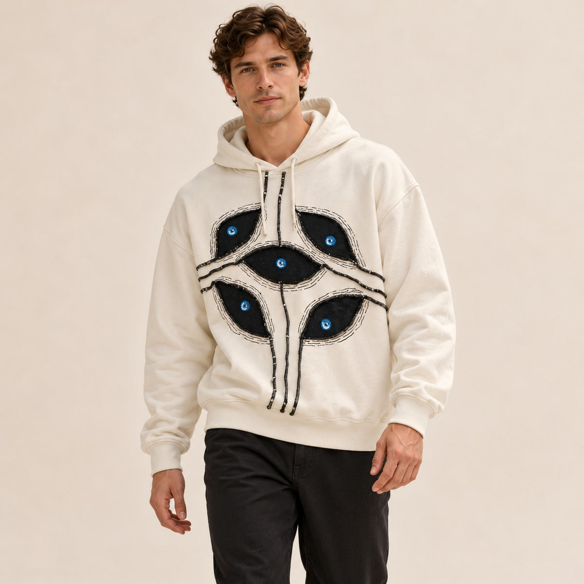 Men's Pullover Hoodie Harajuku Eye Patchwork Applique with Drawstring Hood, Cropped Oversized Fit