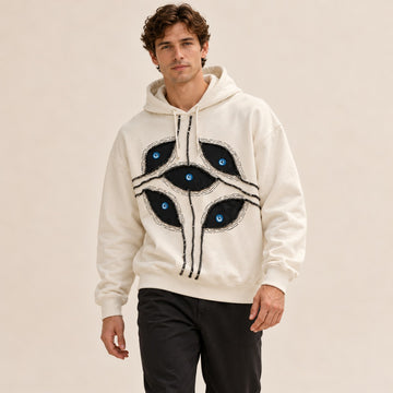Men's Pullover Hoodie Harajuku Eye Patchwork Applique with Drawstring Hood, Cropped Oversized Fit