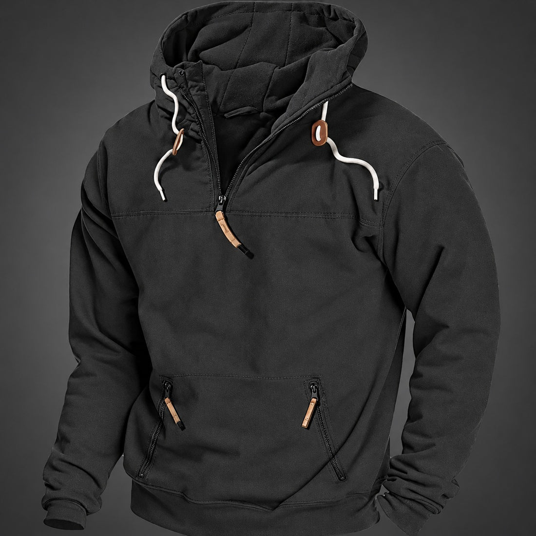 Men's Quarter Zip Hoodie - Kangaroo Pocket, Drawstring Hood, Relaxed Fit