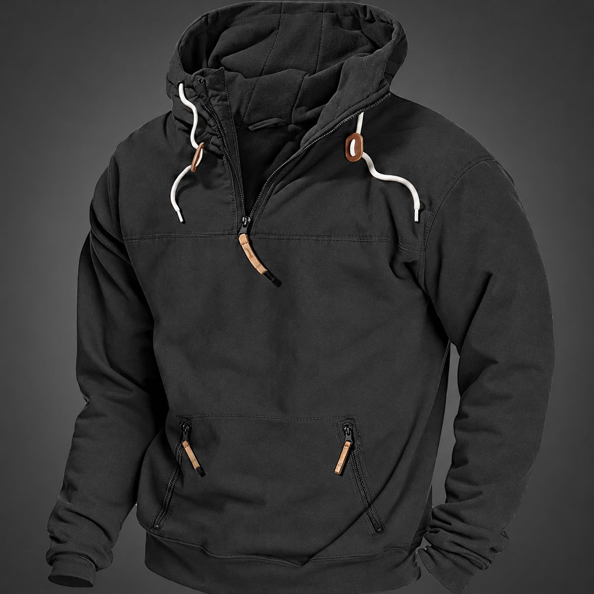 Men's Quarter Zip Hoodie - Kangaroo Pocket, Drawstring Hood, Relaxed Fit
