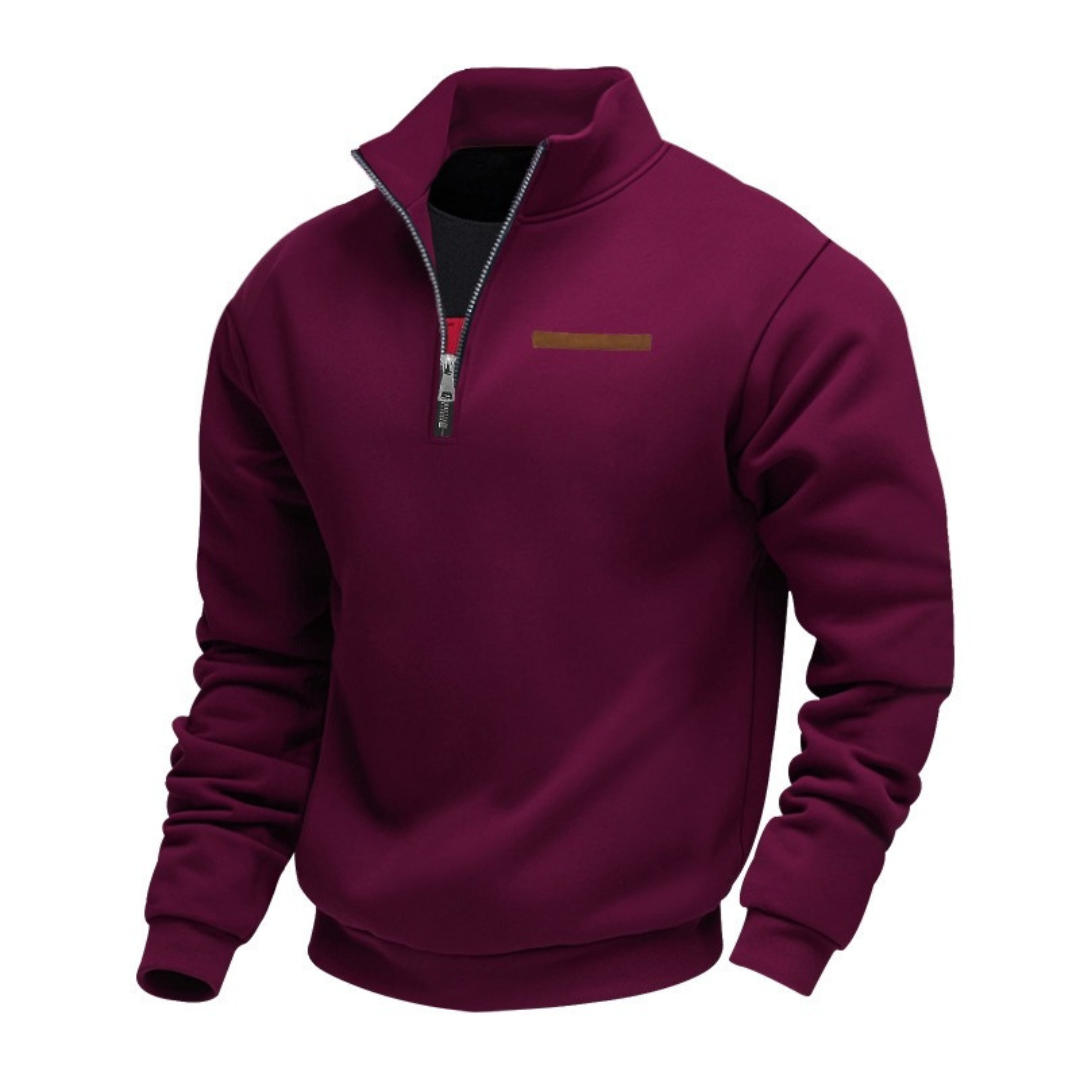 Men's Quarter-Zip Sweater with Stand Collar and Long Sleeves - Relaxed Fit