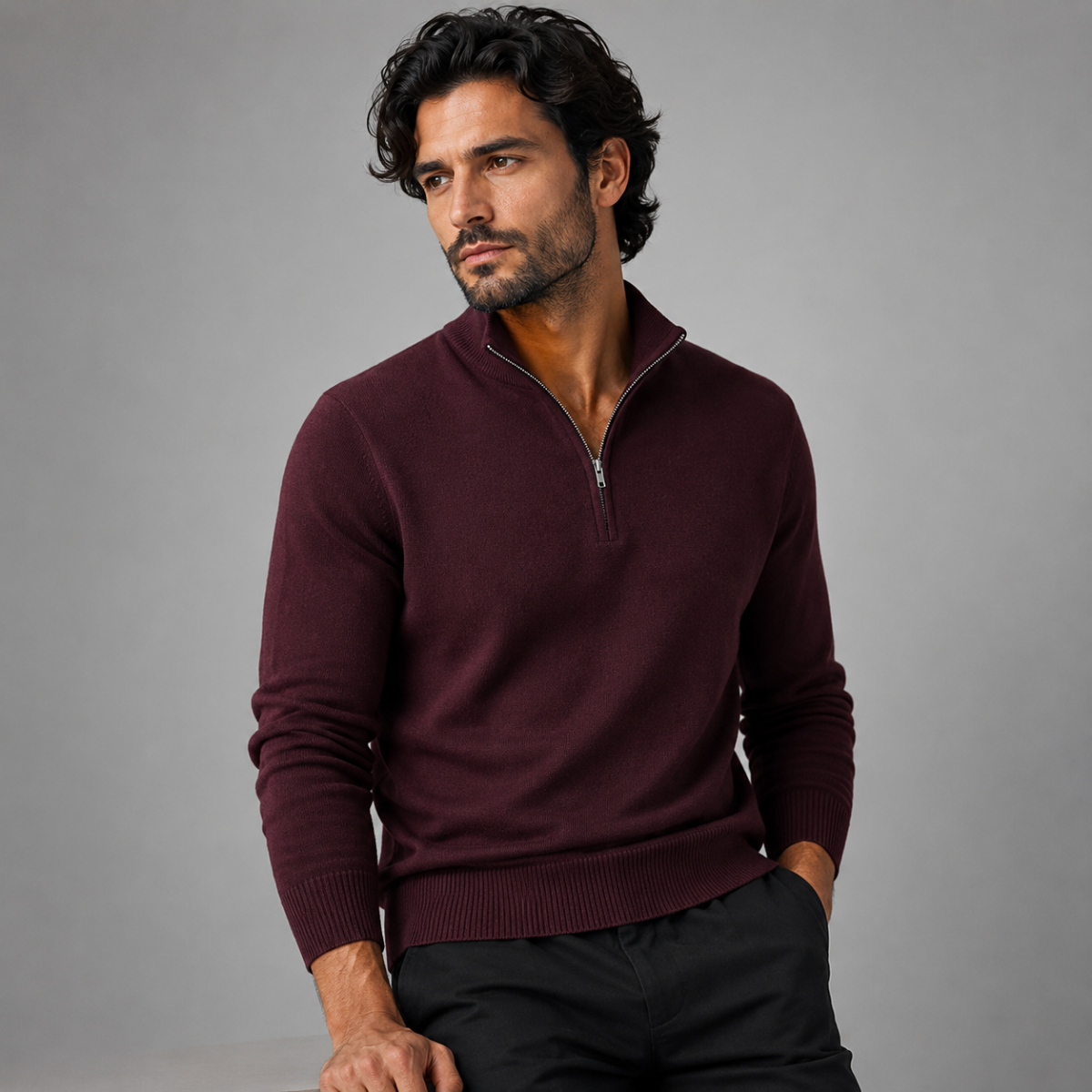 Men's Quarter Zip Sweatshirt - Mock Neck, Long Sleeve, Tailored Fit