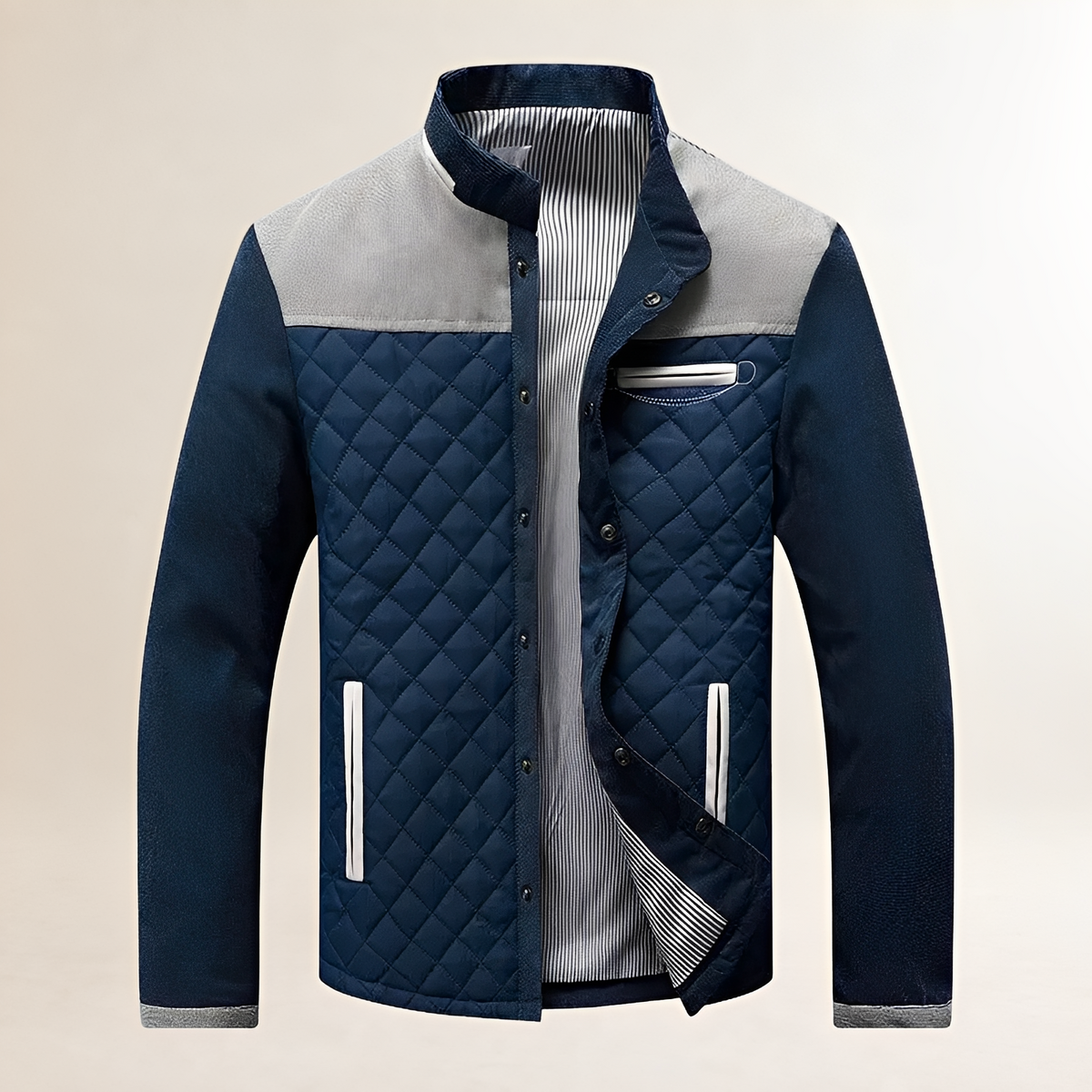 Men's Quilted Jacket - Stand Collar with Contrast Panels and Zip Closure