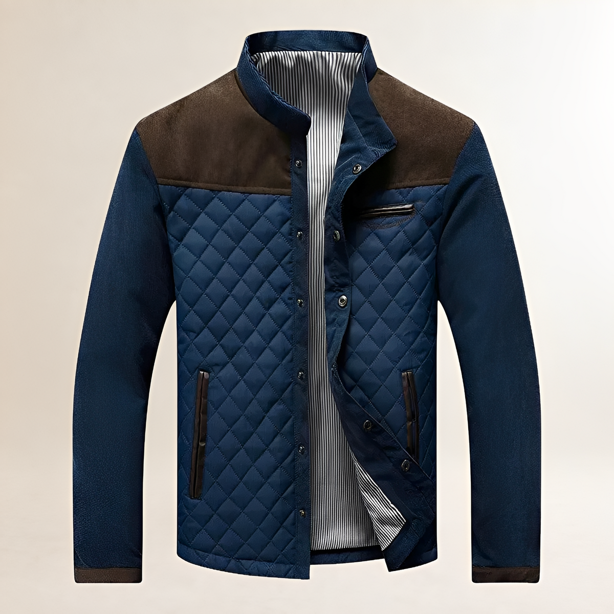 Men's Quilted Jacket - Stand Collar with Contrast Panels and Zip Closure