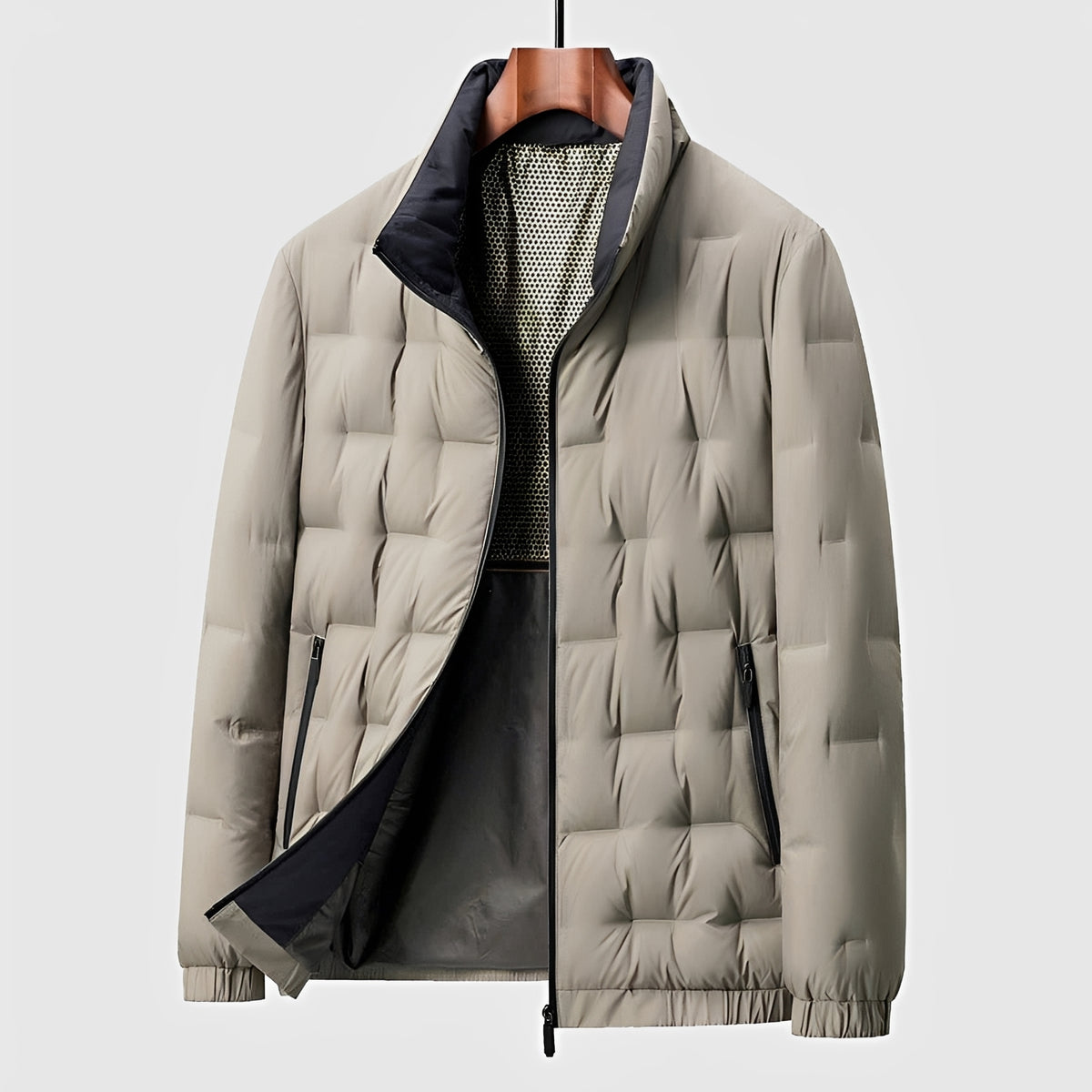 Men's Quilted Jacket - Stand Collar, Zip Closure, Lightweight Design