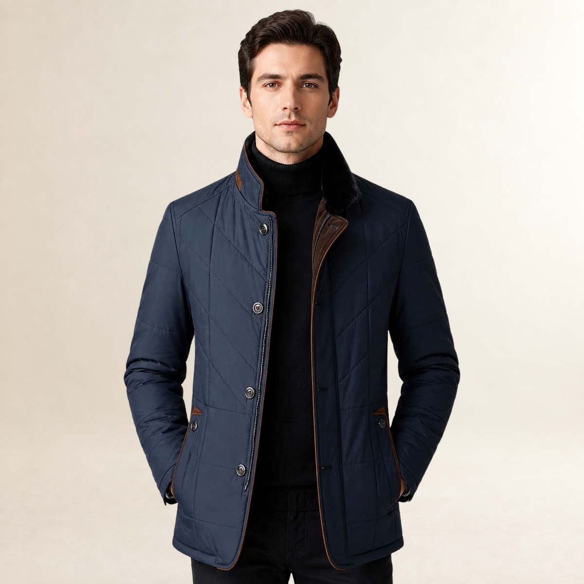Men's Quilted Jacket with Stand Collar and Button Closure - Smart Casual Fit