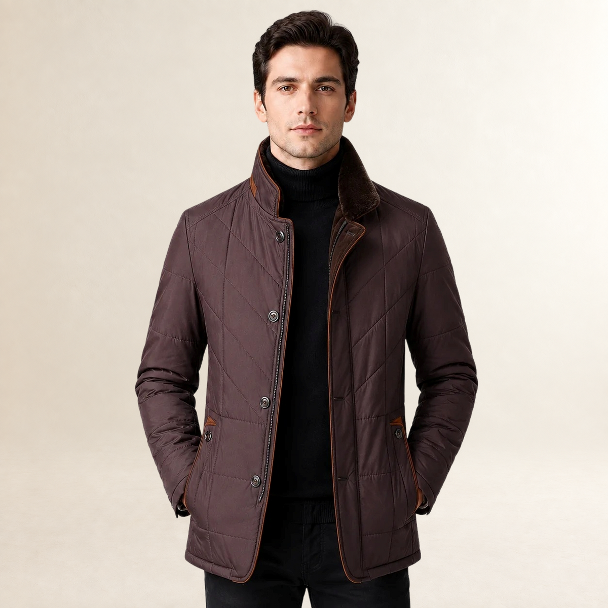 Men's Quilted Jacket with Stand Collar and Button Closure - Smart Casual Fit