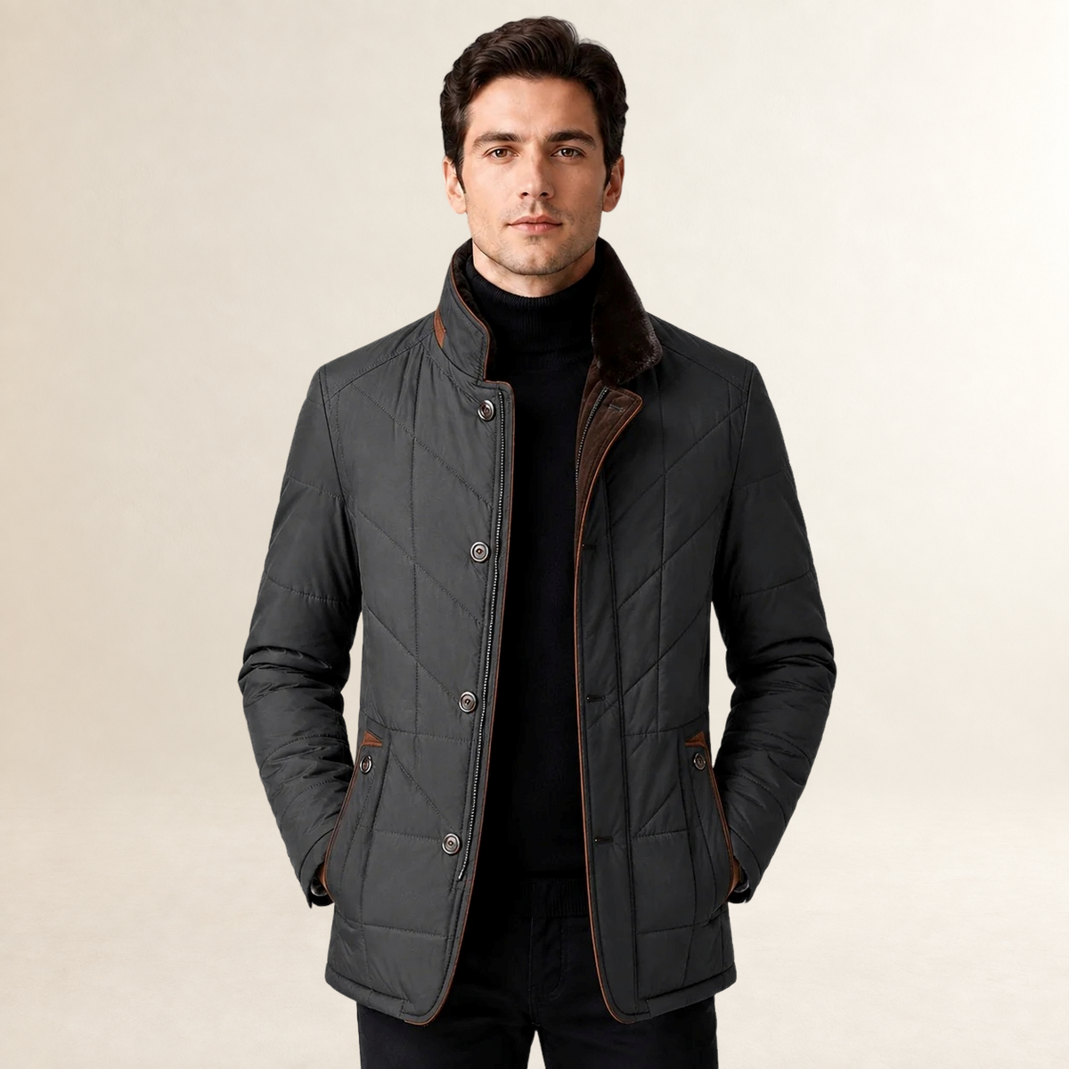 Men's Quilted Jacket with Stand Collar and Button Closure - Smart Casual Fit