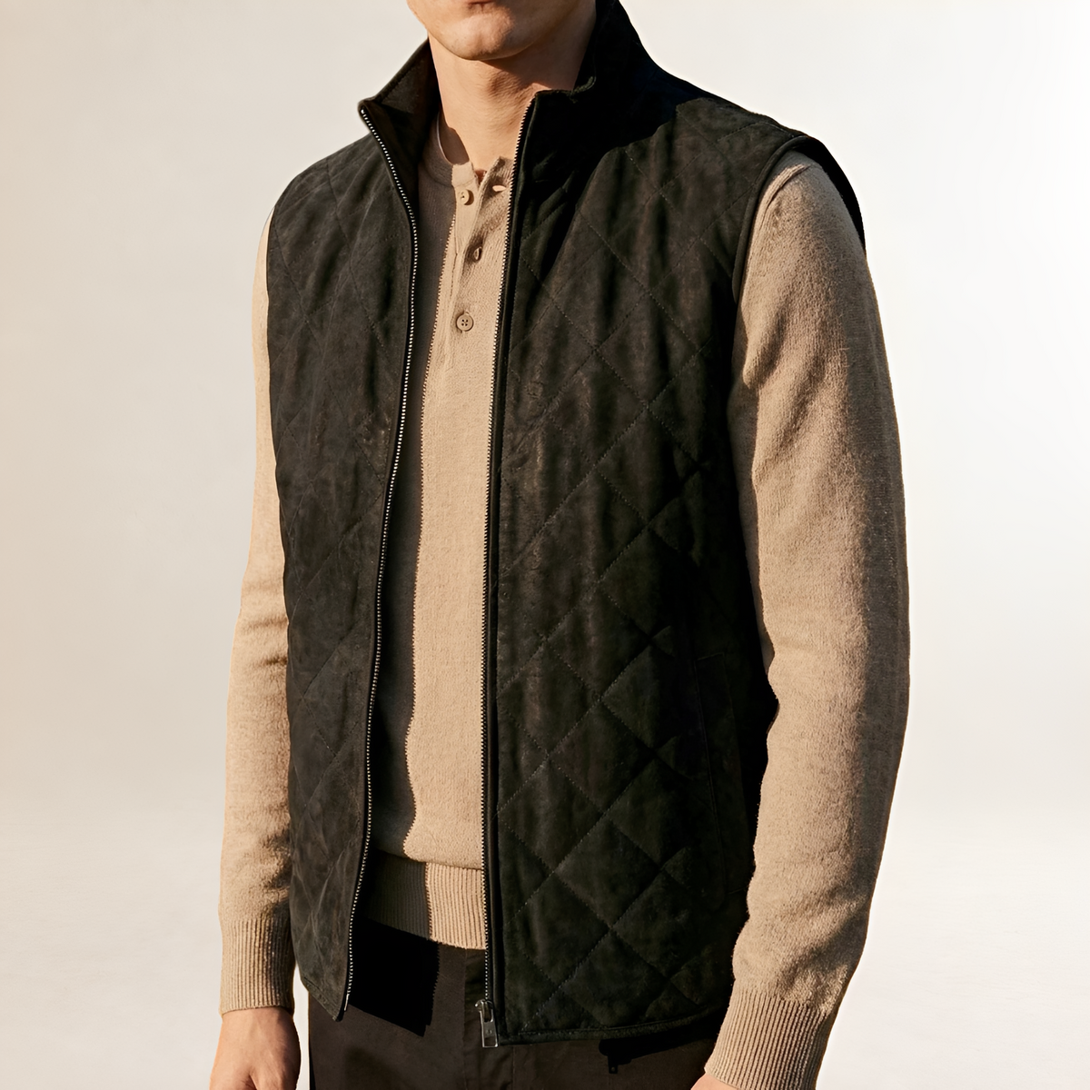 Men's Quilted Vest with Zip Front and High Collar - Regular Fit