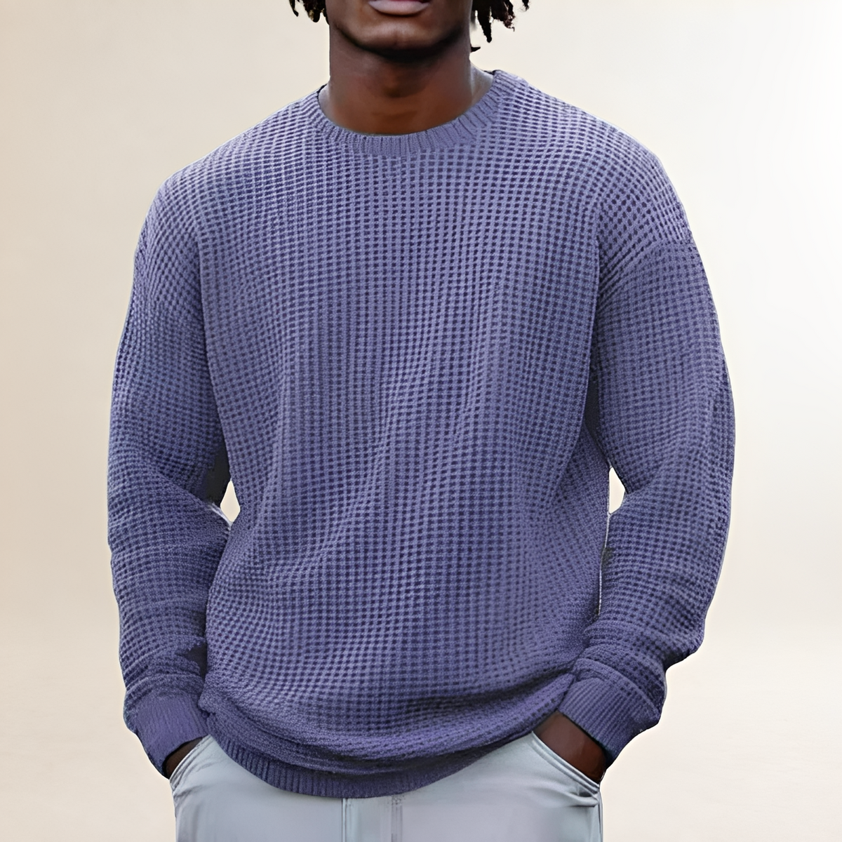 Men's Round Neck Long Sleeve Sweatshirt - Relaxed Fit, Textured Design