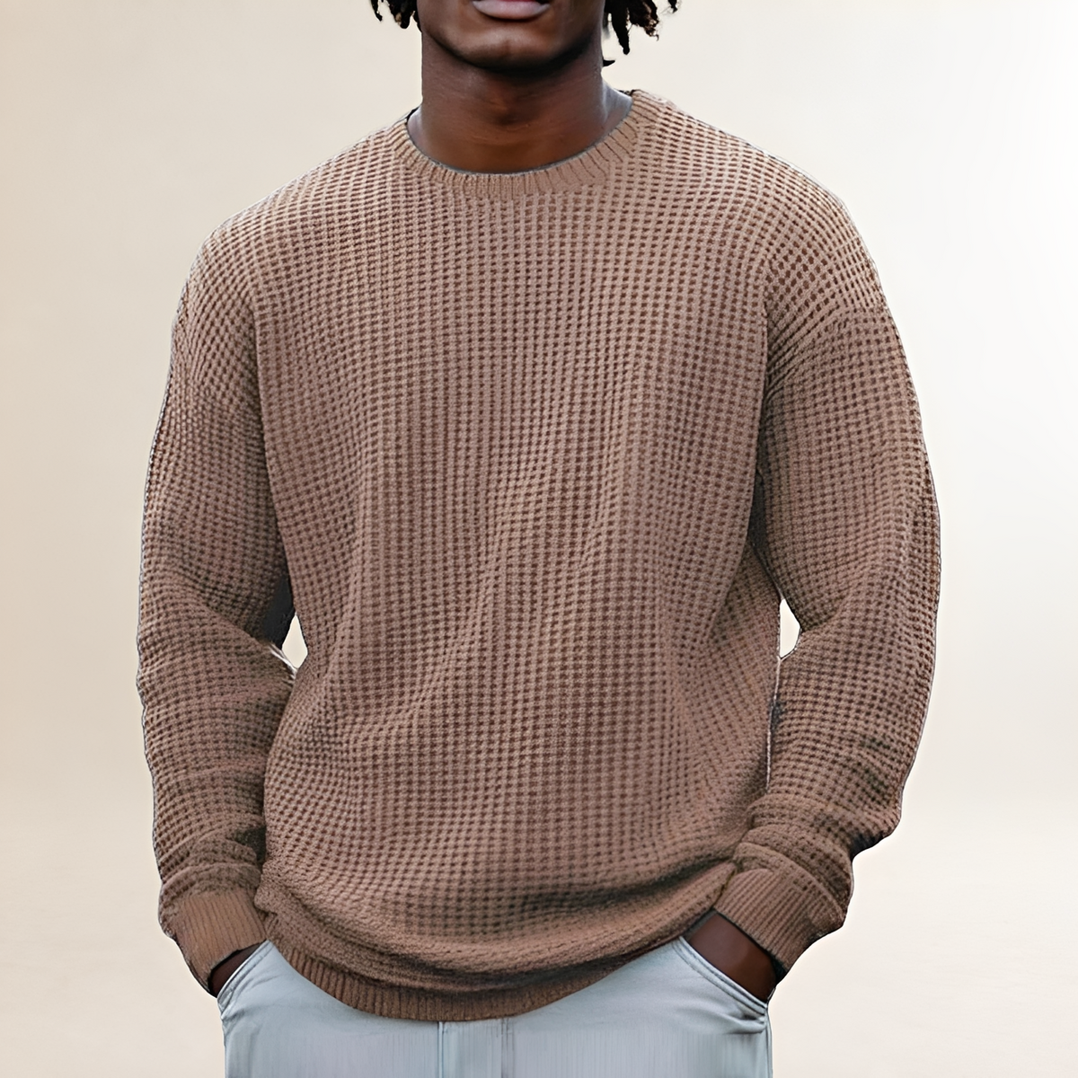 Men's Round Neck Long Sleeve Sweatshirt - Relaxed Fit, Textured Design