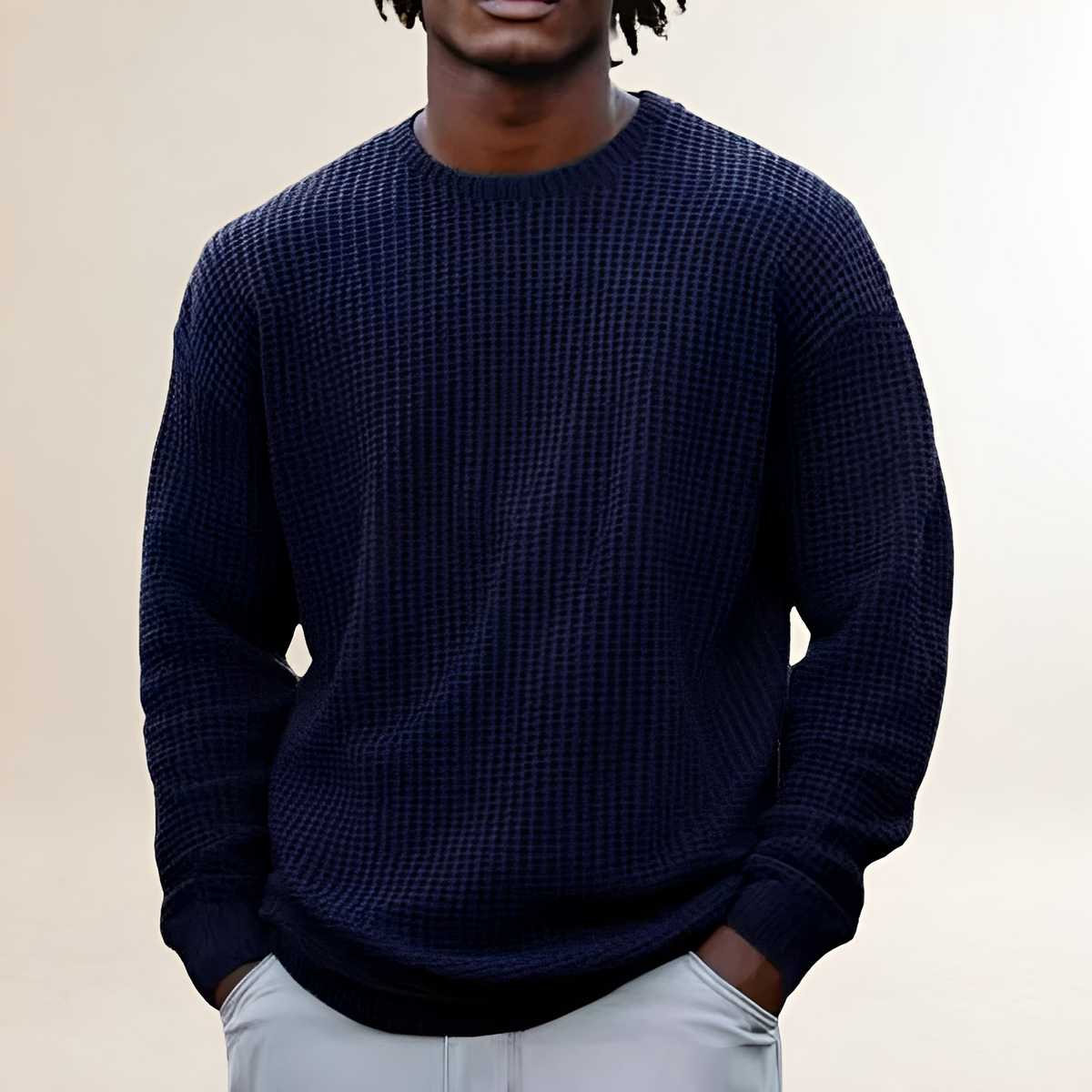 Men's Round Neck Long Sleeve Sweatshirt - Relaxed Fit, Textured Design