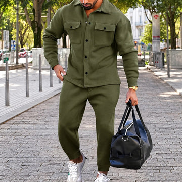 Men's Set - Casual Jacket and Jogger Pants with Pockets and Button Closure